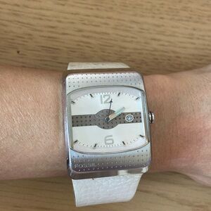 Men's Fossil JR-9639 Stainless Steel Date Wide White Leather Watch